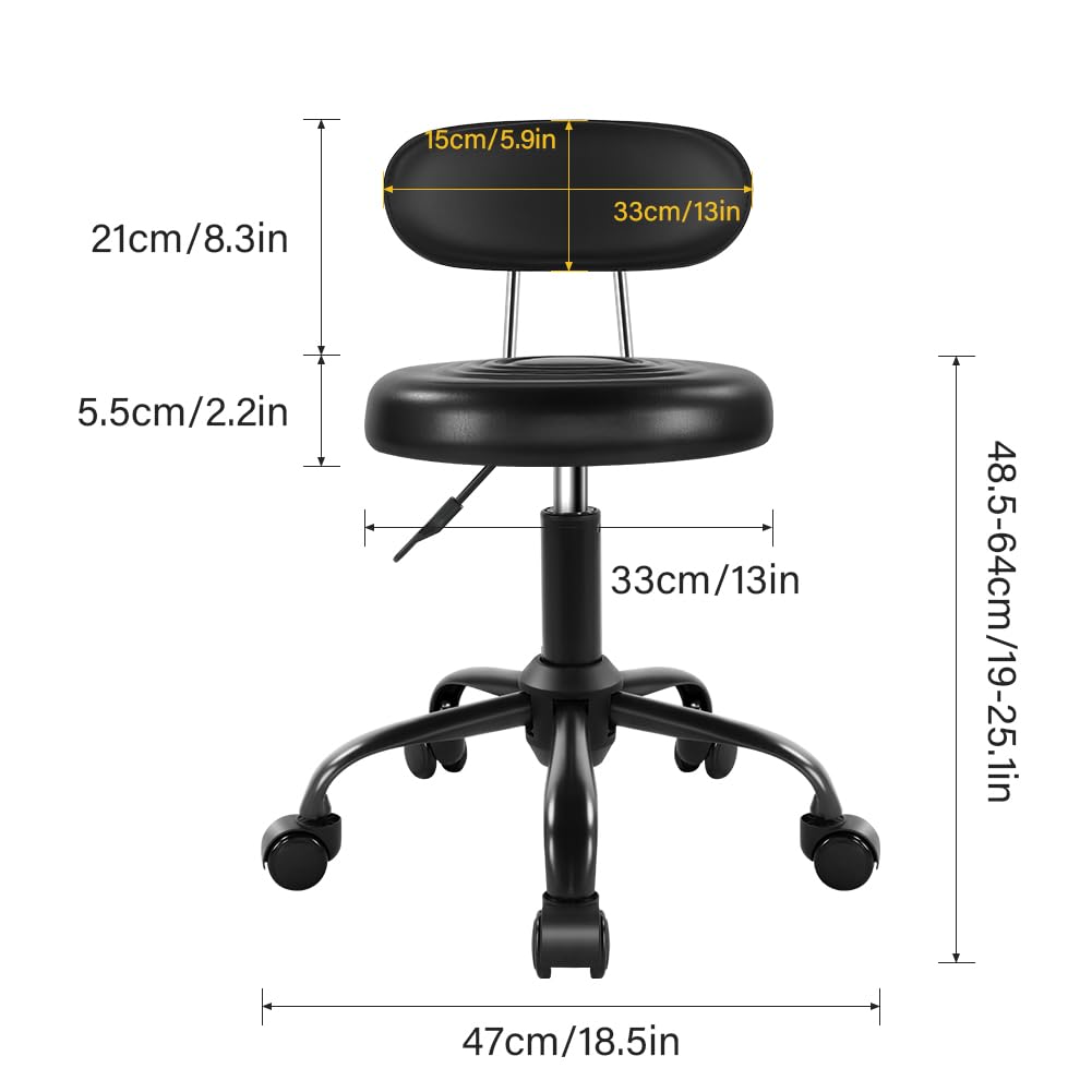 WKWKER rolling stool backrest detail showing supportive design for relaxed posture.