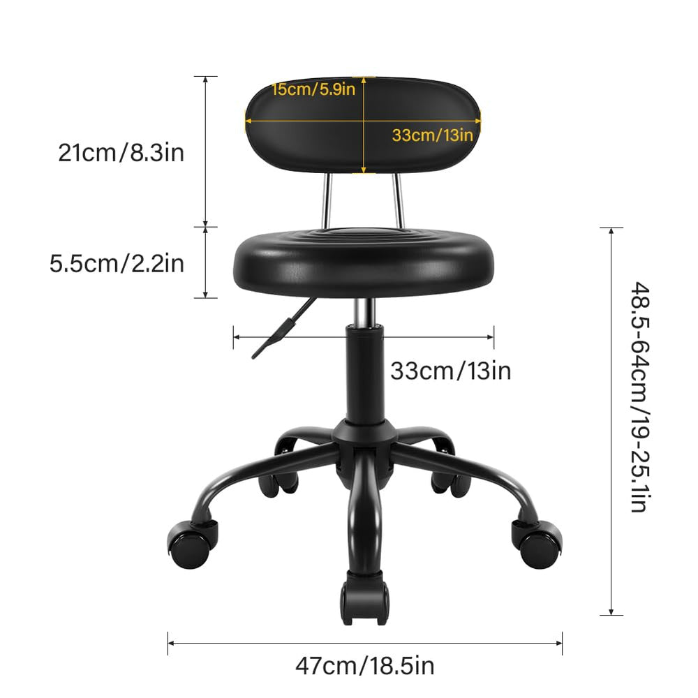 WKWKER rolling stool backrest detail showing supportive design for relaxed posture.
