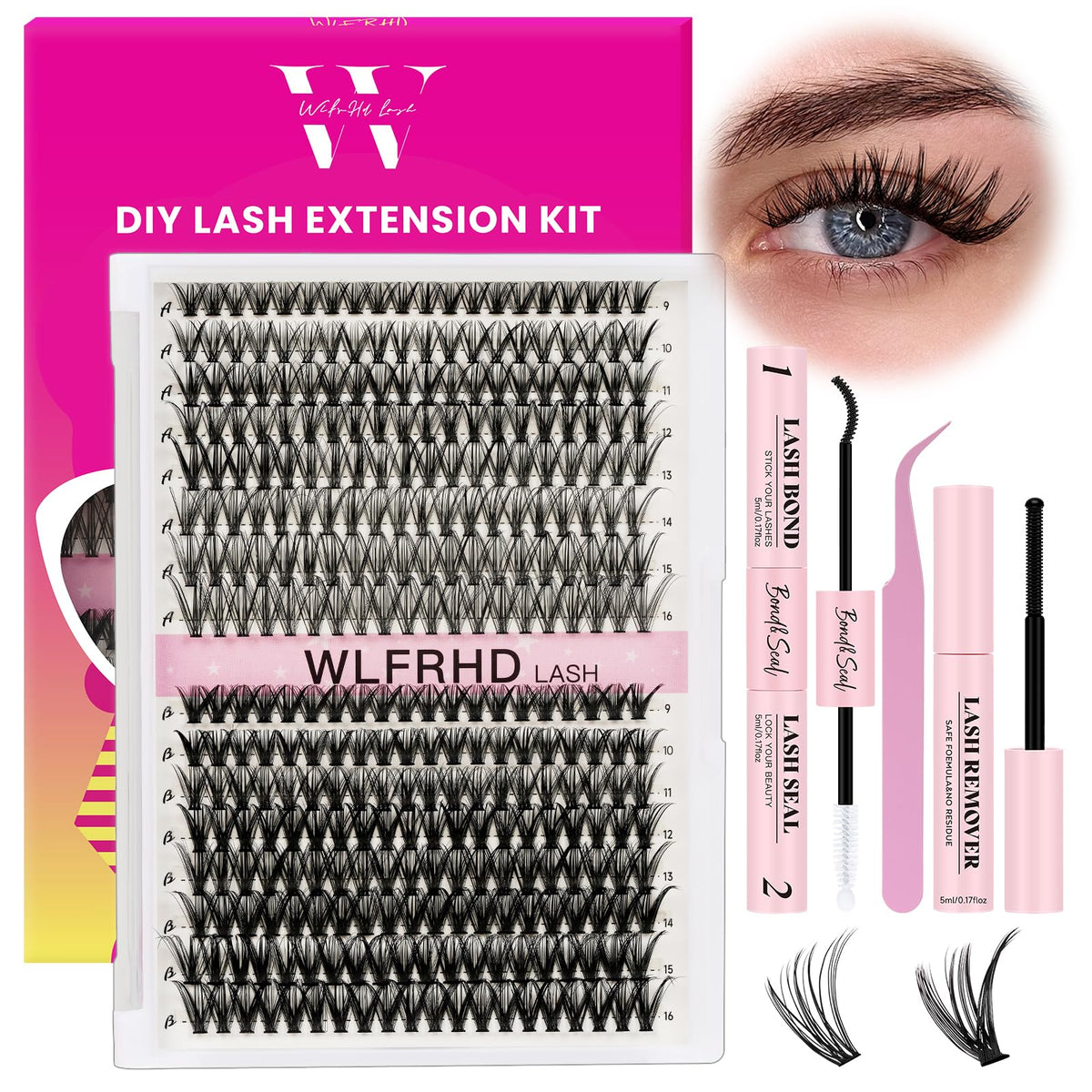 WLFRHD lash clusters kit front view for at-home salon-quality lashes
