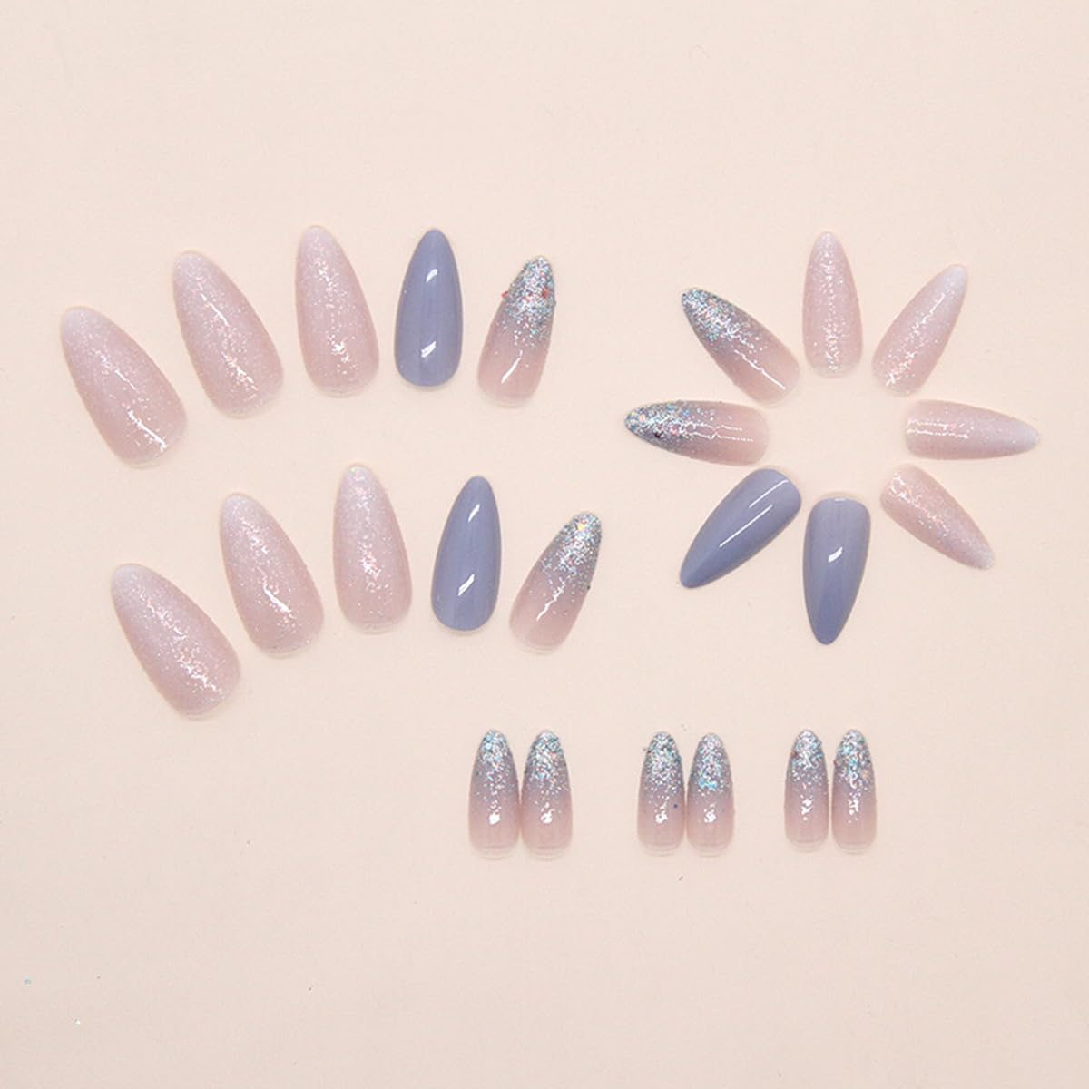 WLGDLH 24-piece fake nails set showing 12 sizes for precise fit