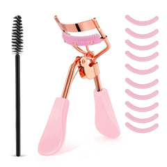 WLLHYF eyelash curler with built-in comb in pink for quick, clump-free curl.
