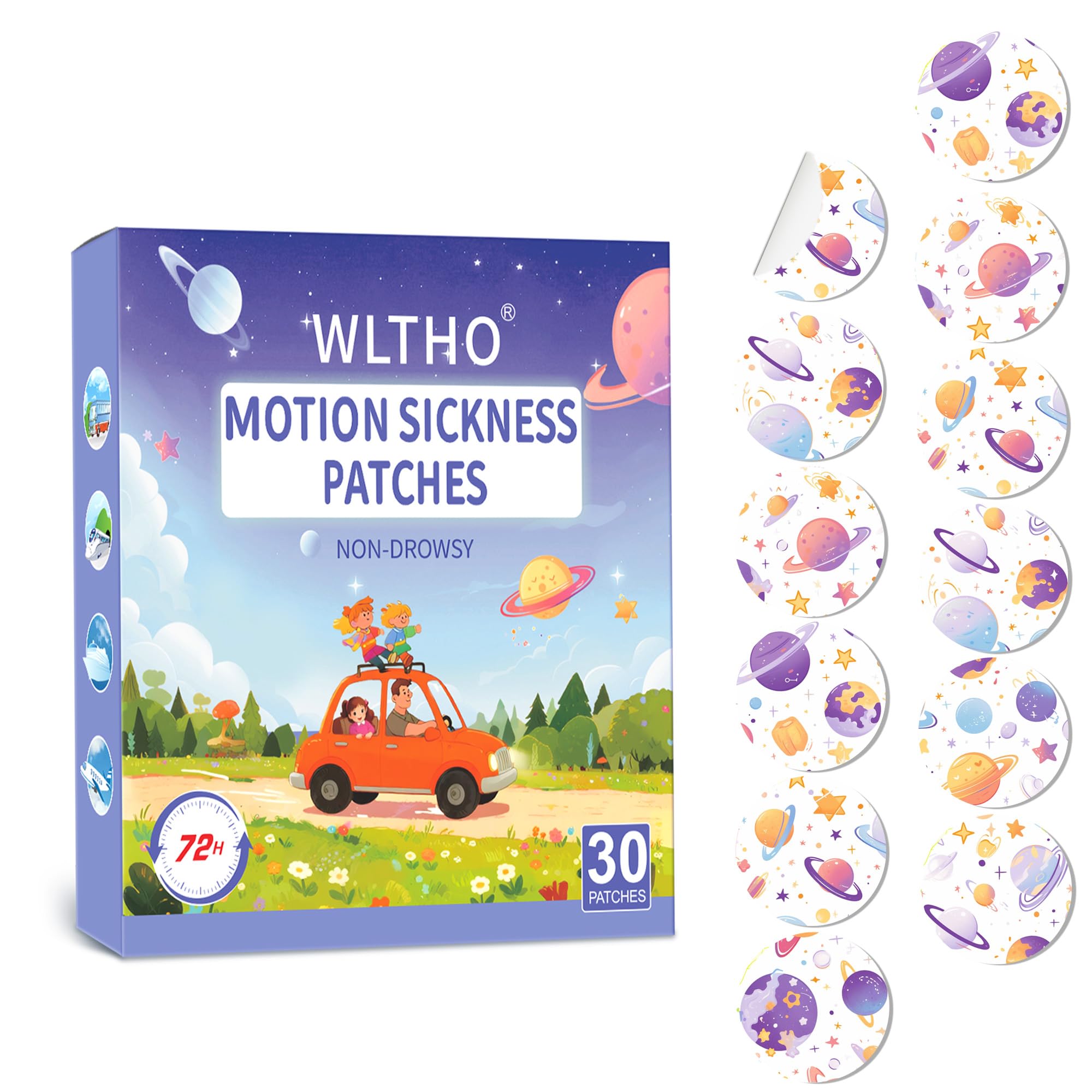 WLTHO motion patches behind-ear waterproof in-use scene for travel comfort.
