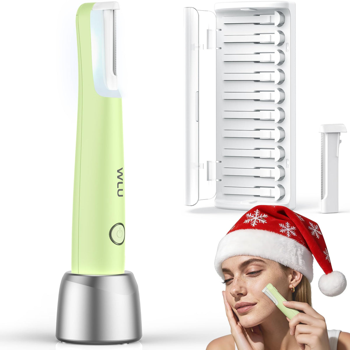 WLU Dermaplane Razor Green front view shows compact design for at-home exfoliation