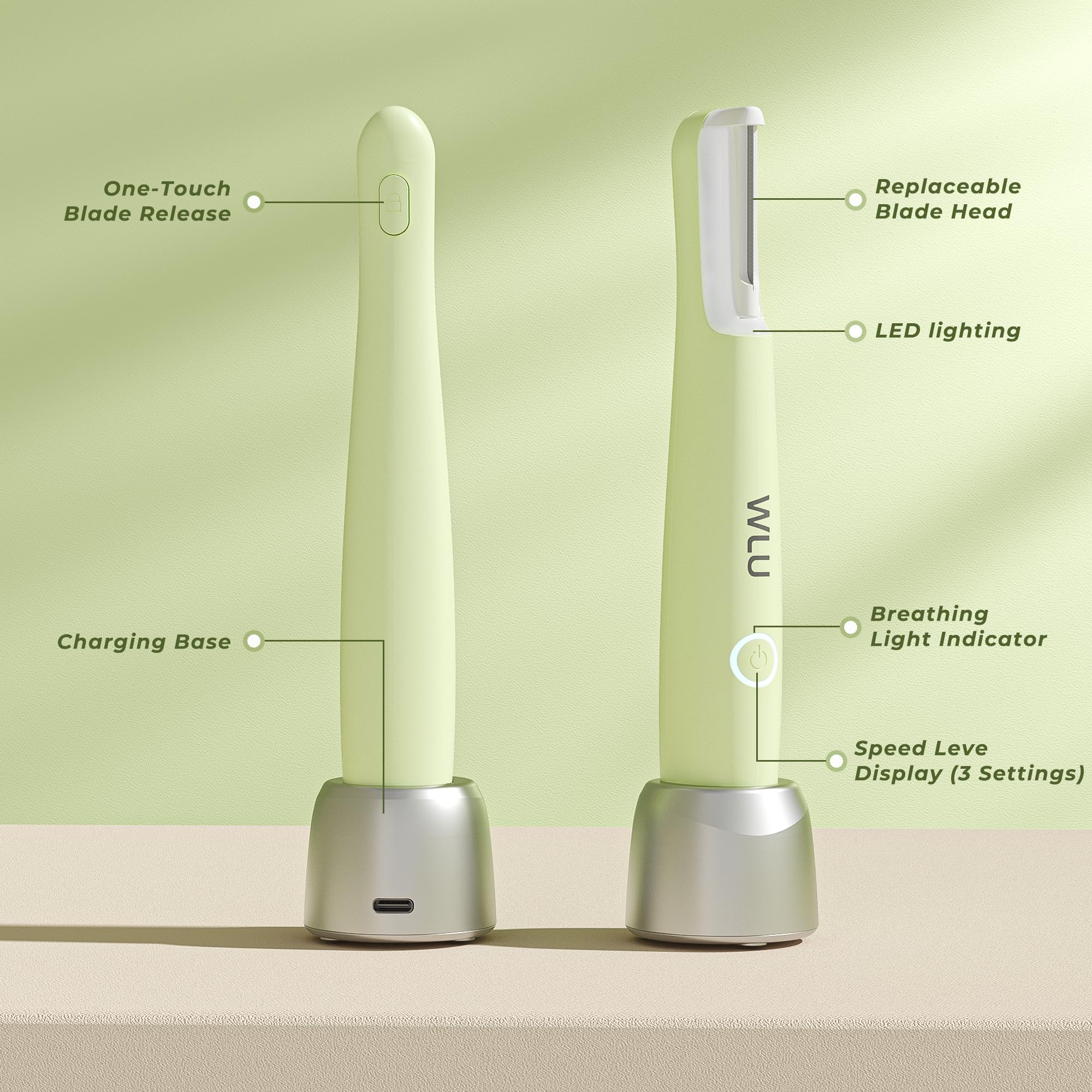 WLU Dermaplane Razor Green USB-rechargeable power for travel-ready skincare