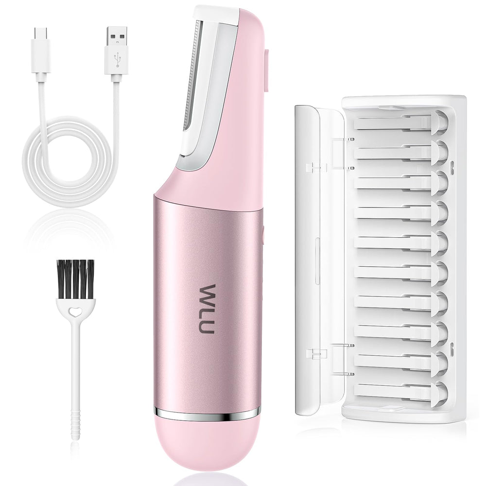 WLU Dermaplane Razor pink closeup highlighting ergonomic handle for gentle at-home dermaplaning.