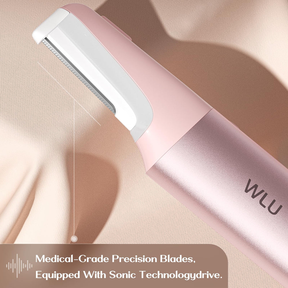 WLU Dermaplane Razor pink packaging emphasizing travel-friendly skincare.