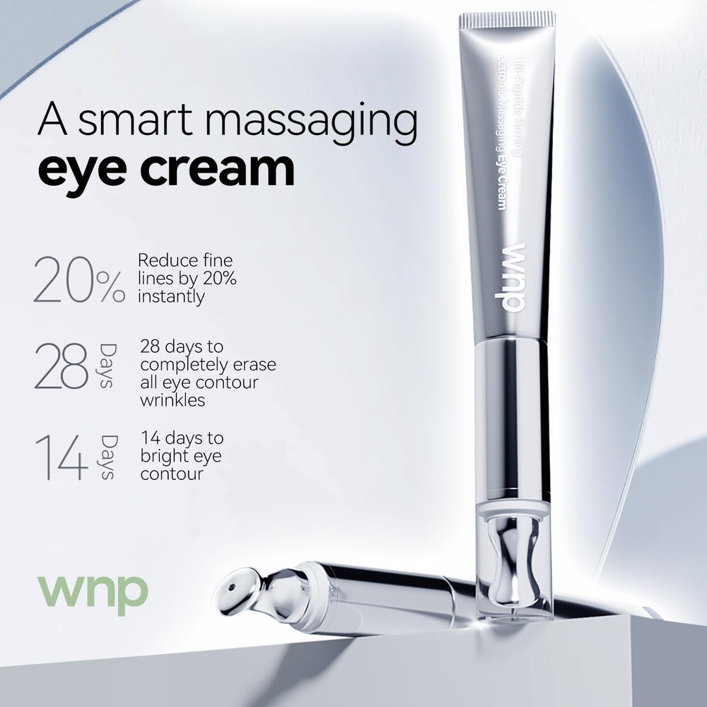 WNP Eye Cream peptide ingredients graphic emphasizes collagen-boosting and elasticity support.