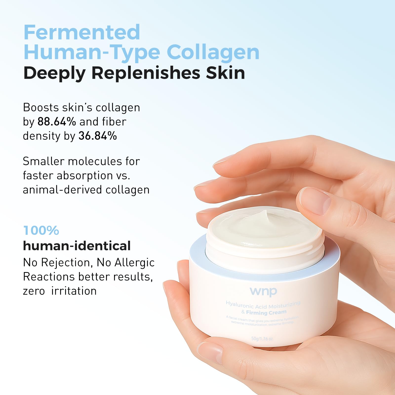 WNP Hyaluronic Acid Moisturizing Cream hand-application demonstrates silky texture and hydration