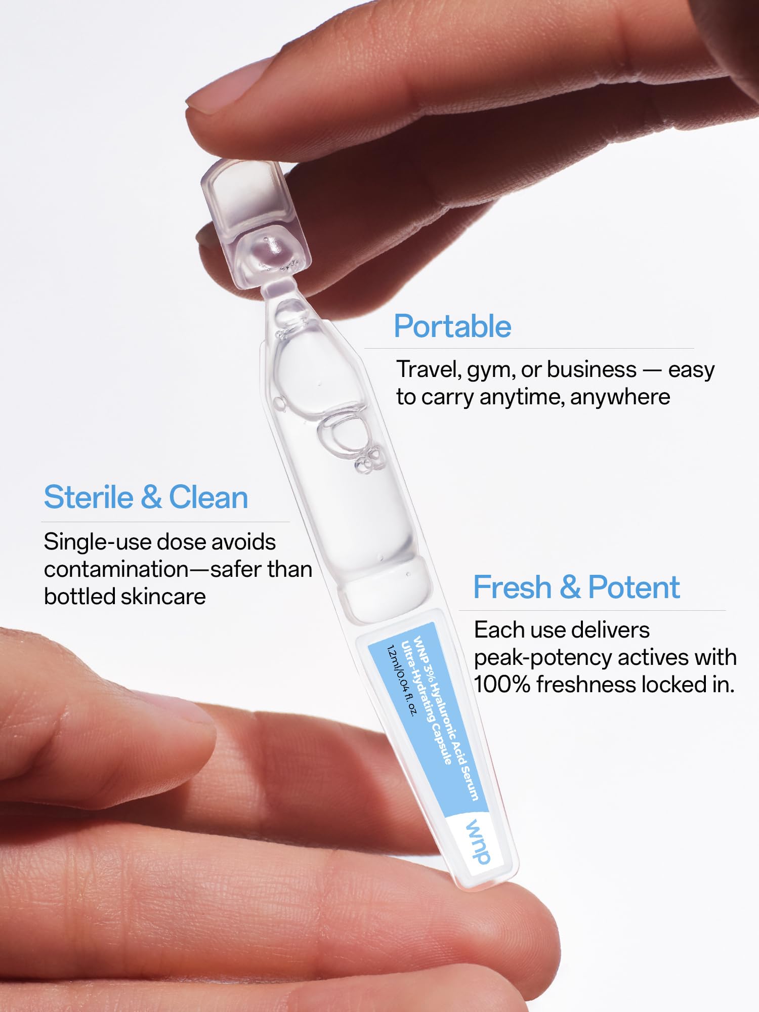 WNP Ultra Hydrating Serum single-use vials packaging emphasizes hygienic, mess-free skincare.
