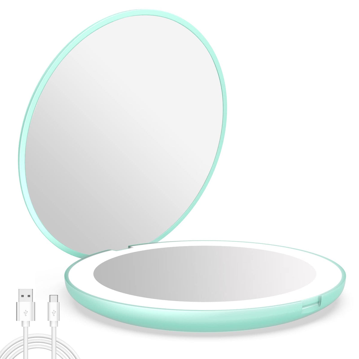 WOBSION 10X magnifying tabletop mirror front view with bright LEDs for precision grooming.