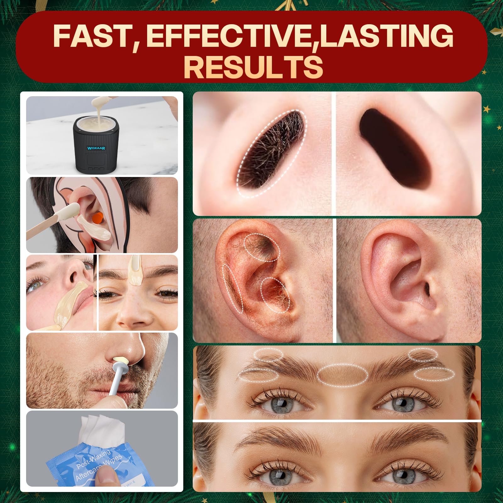 Wokaar ear shields protect ears during facial waxing for comfort.