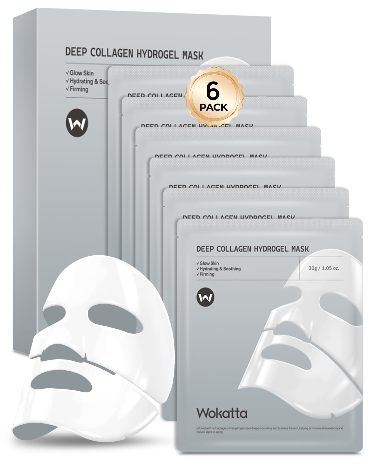 Wokatta 6-pack bio-collagen face mask display for deep hydration