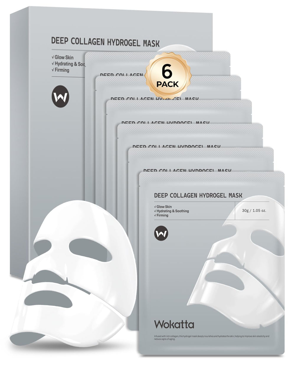 Wokatta 6-pack bio-collagen face mask display for deep hydration