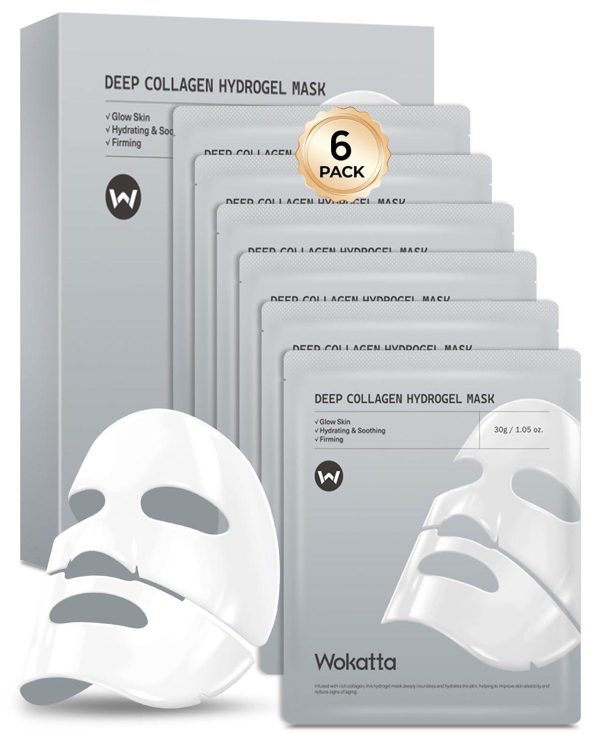 Wokatta 6-pack bio-collagen face mask display for deep hydration