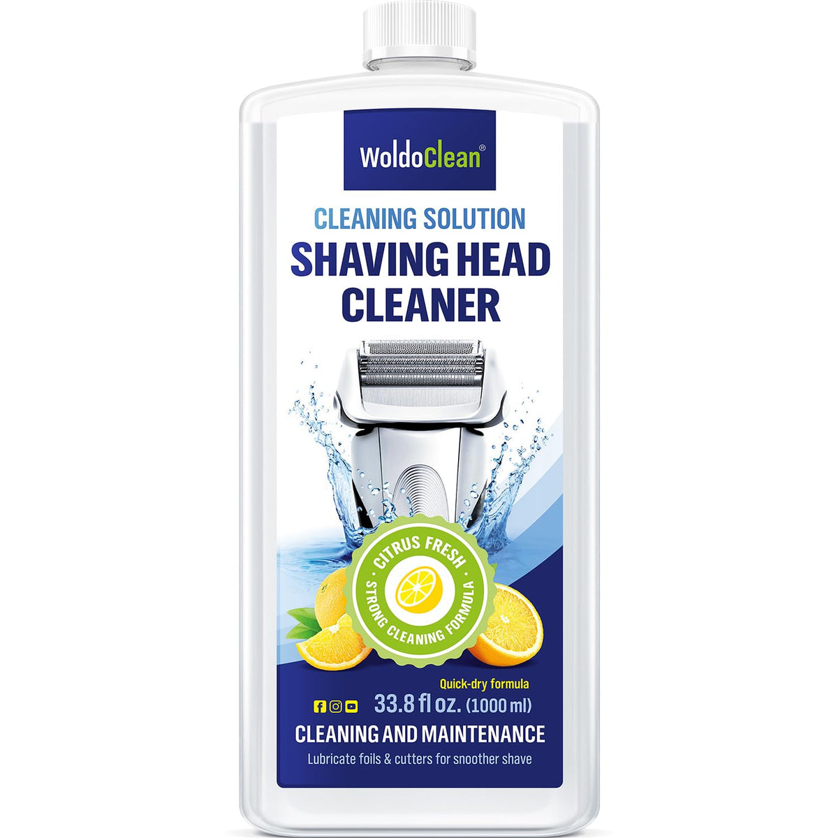 WoldoClean shaver cleaner bottle with lemon scent for quick, refreshing clean after every shave.