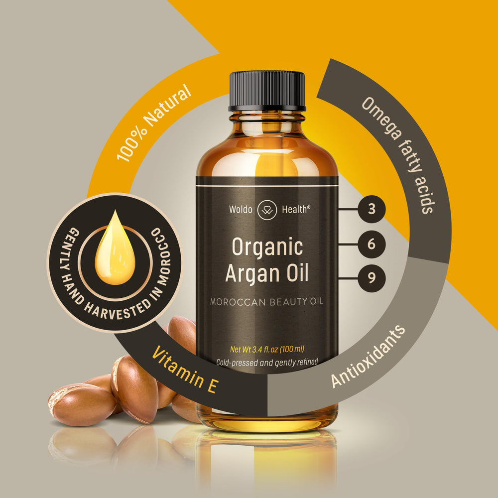 WoldoHealth Organic Argan Oil hair application smooths frizz and adds natural shine.