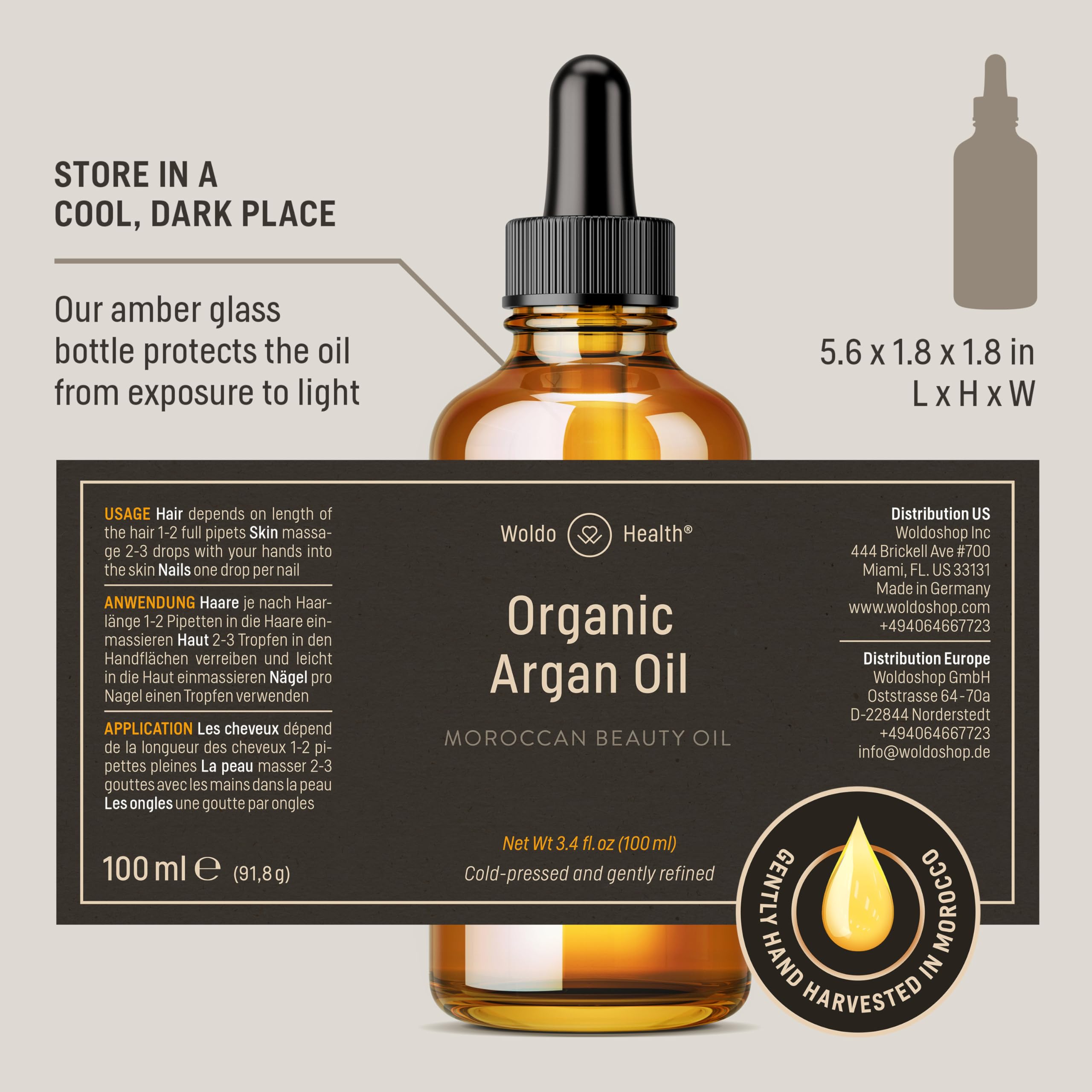 WoldoHealth Organic Argan Oil rich in vitamin E supports skin and hair health.