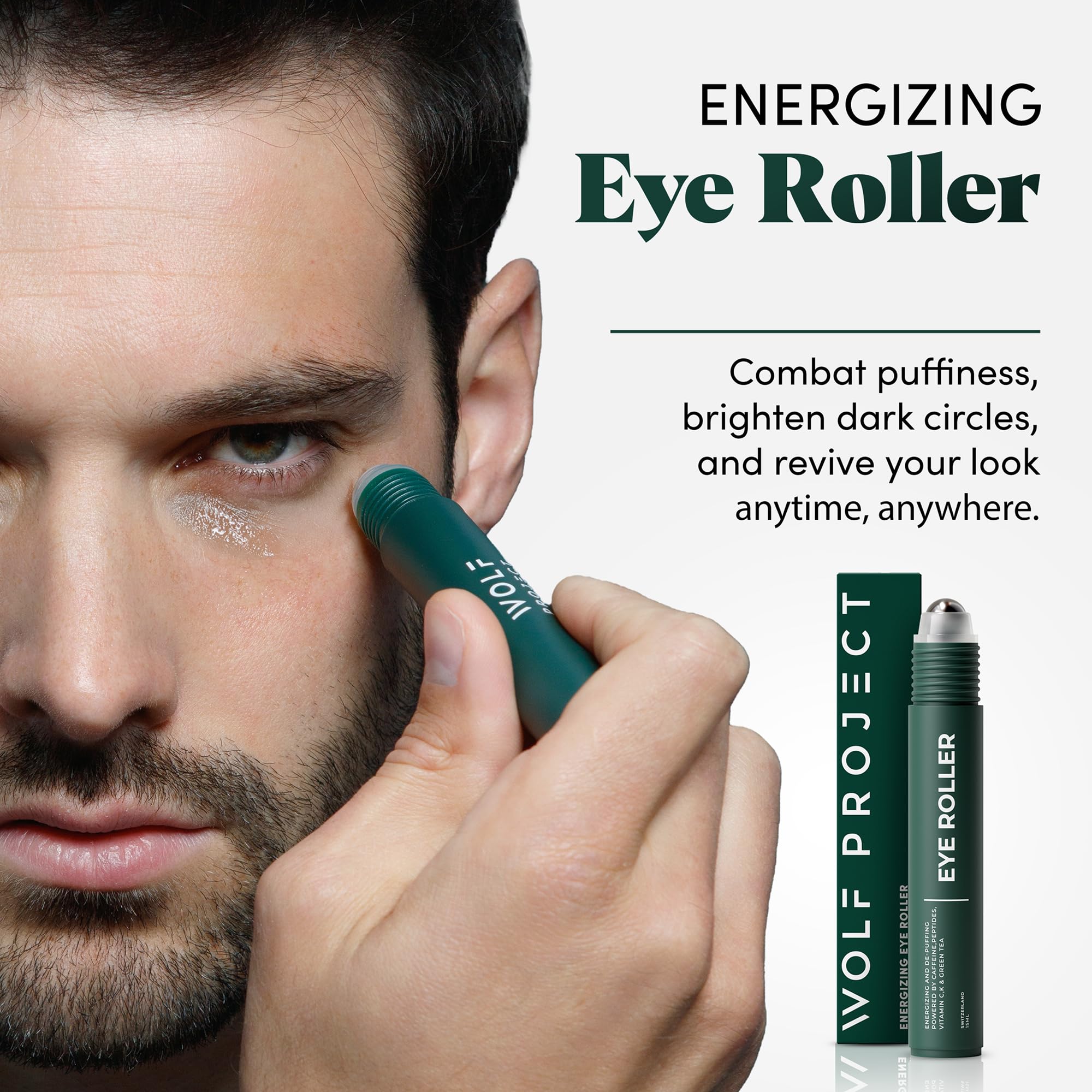 The Wolf Project Under Eye Roller rollerball closeup shows a cooling touch for puffiness.