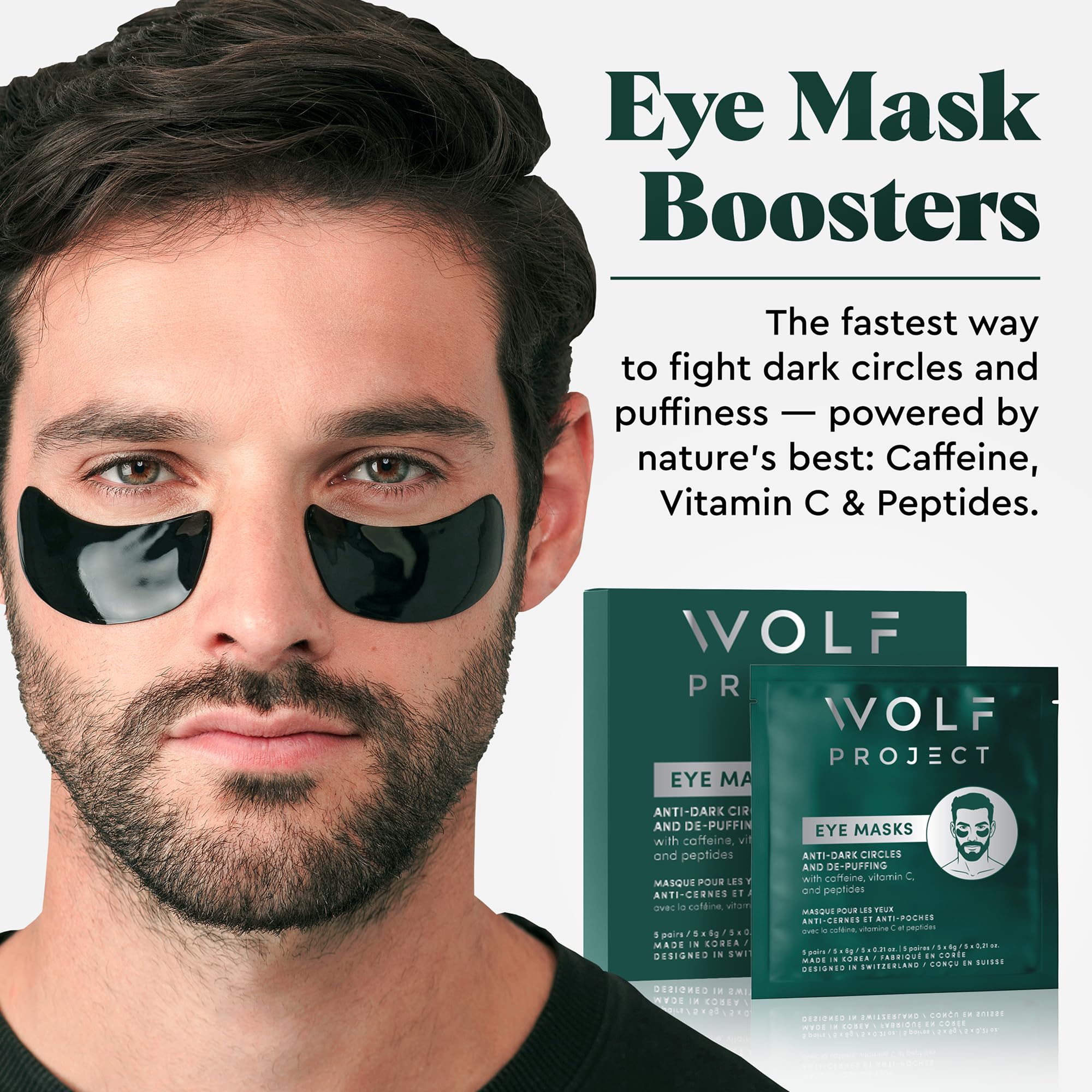 Wolf Project eye patches ingredients visible, emphasizing caffeine and peptides