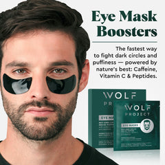 Wolf Project eye patches ingredients visible, emphasizing caffeine and peptides