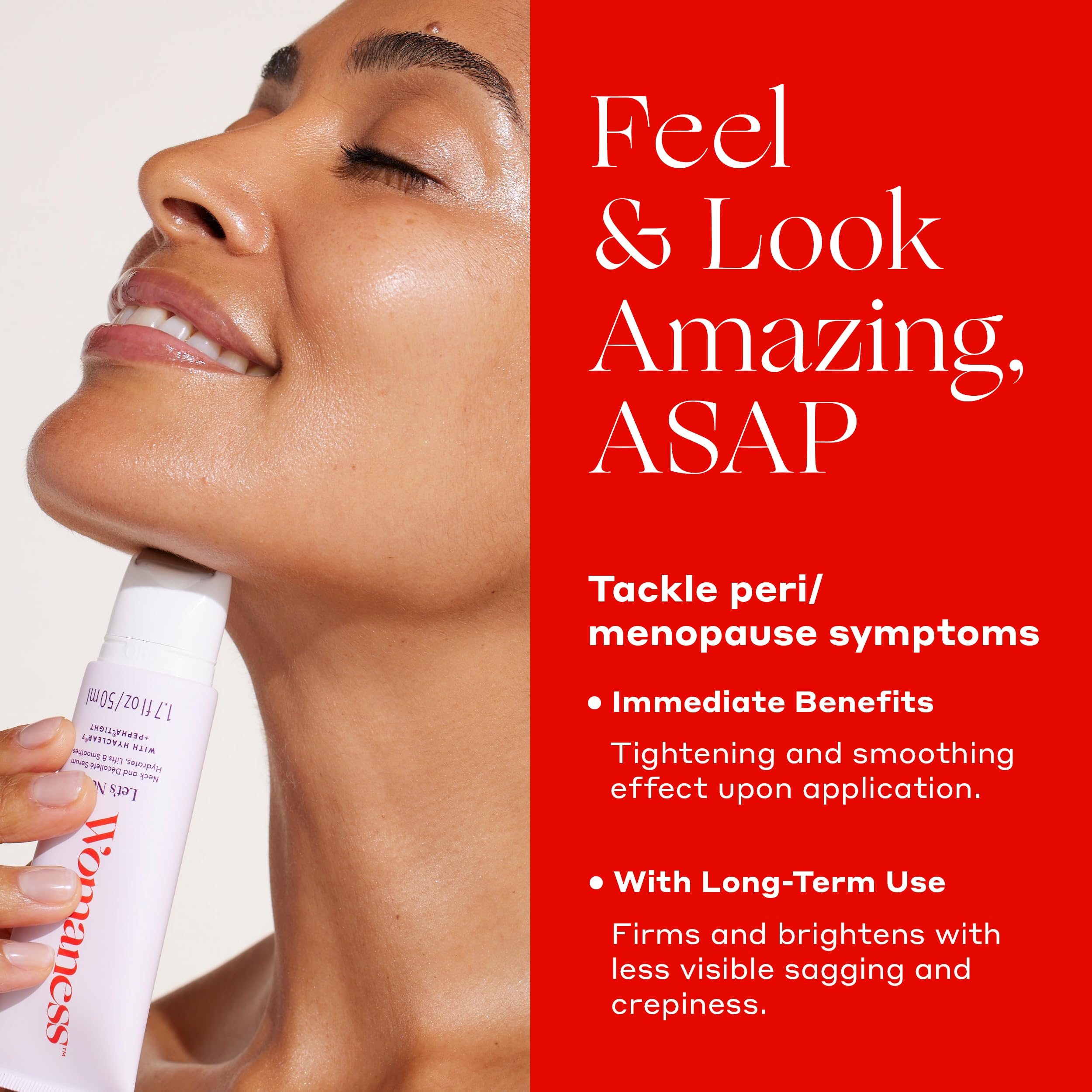  Womaness Let's Neck brand label showcases a clean, premium neck care solution