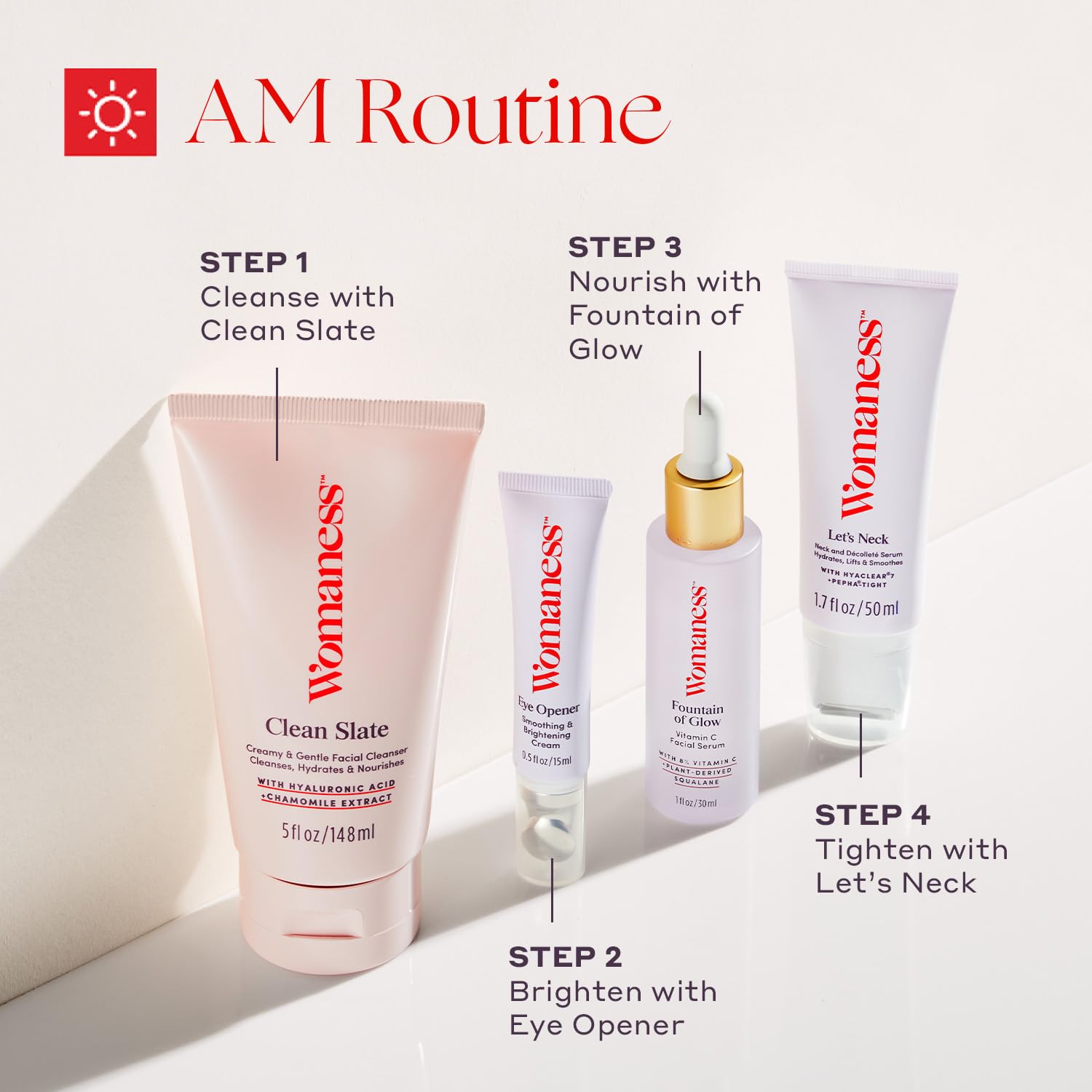  Womaness Let's Neck morning routine shot suggests refreshing neck care