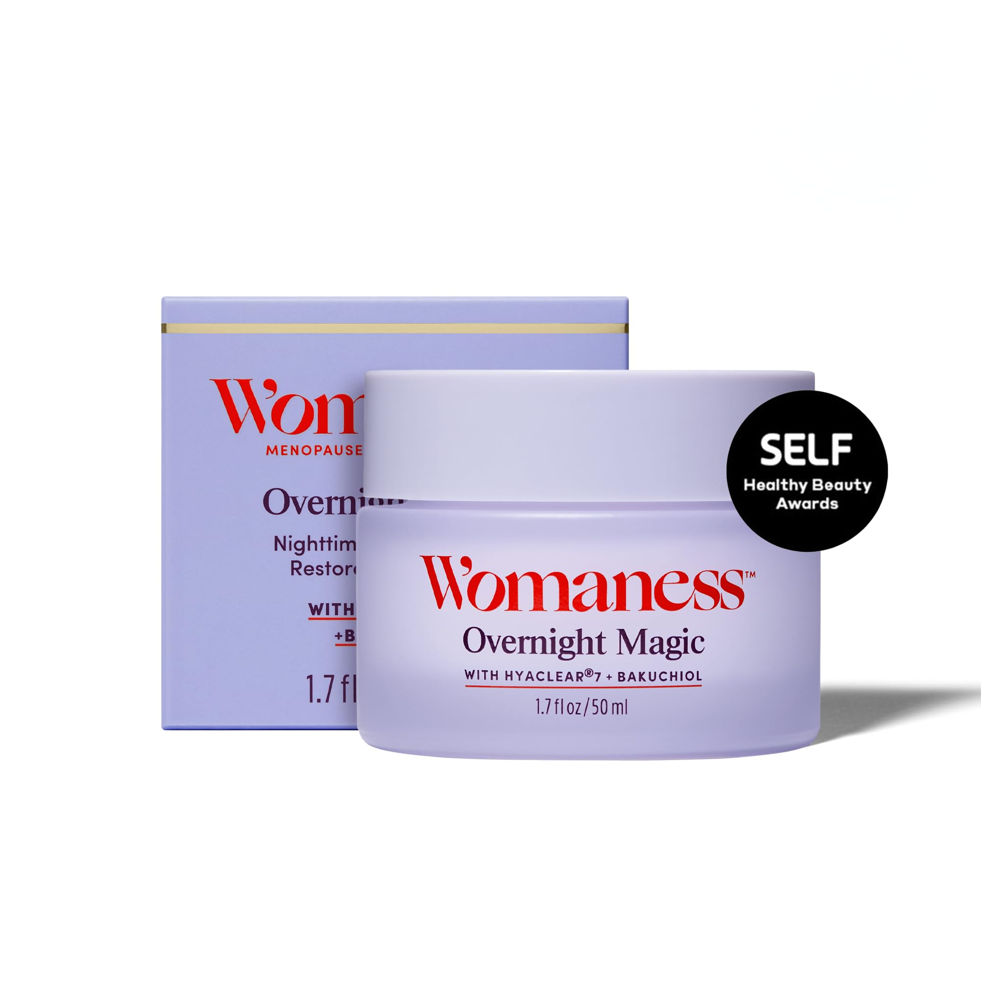 Womaness Overnight Magic night cream bottle closeup highlights hydrating overnight formula for plump, refreshed skin