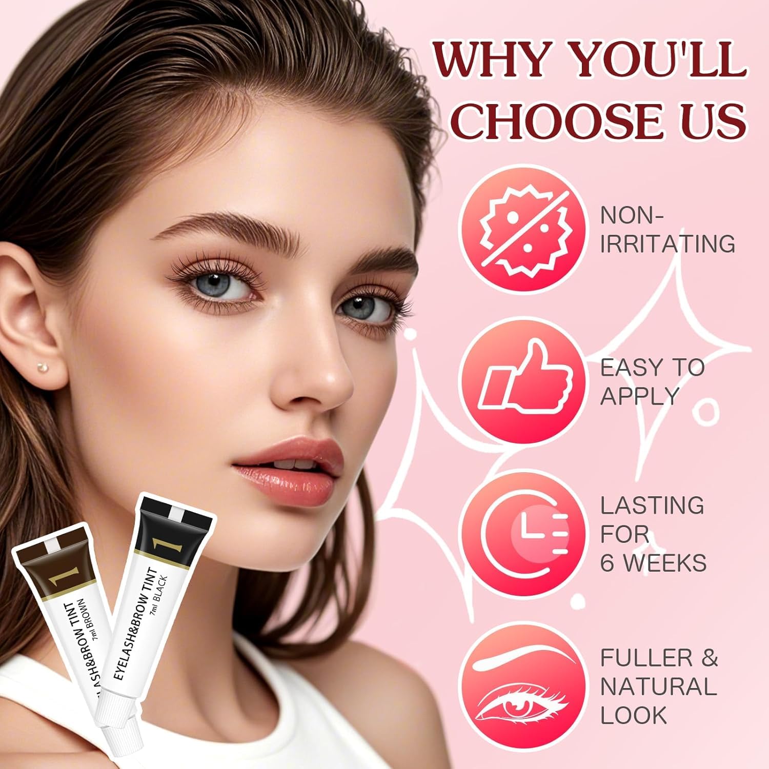 WOMEIKI brow tint preparation on a model emphasizing safe and gentle formula.