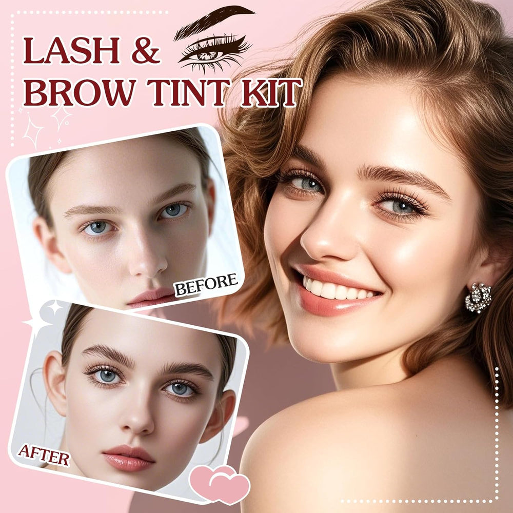 WOMEIKI eyelash and eyebrow color kit tools laid out for precise at-home application.