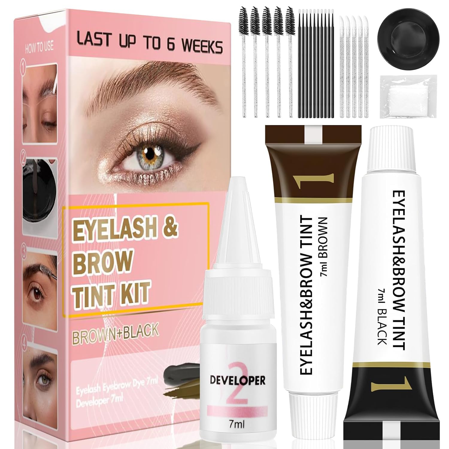 WOMEIKI eyelash and eyebrow color kit packaging shows professional at-home color results.