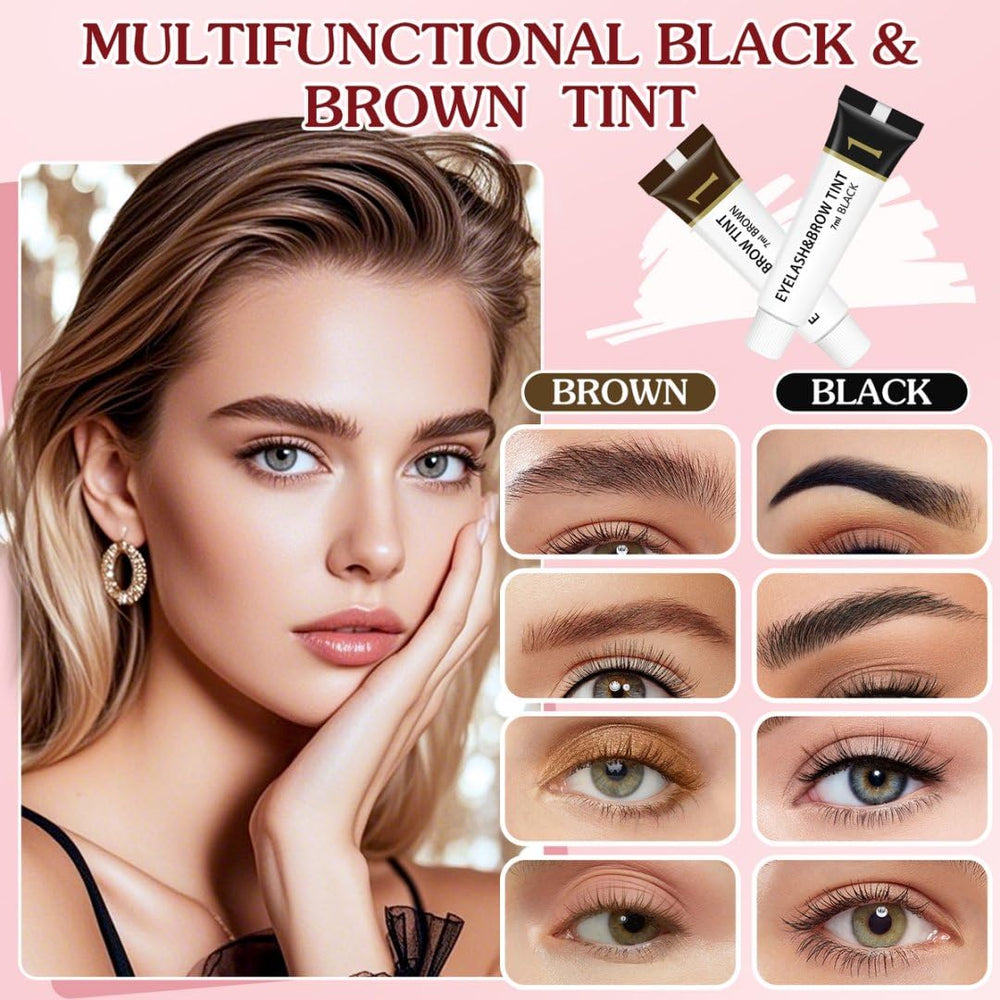 WOMEIKI eyelash and eyebrow color kit swatches demonstrate long-lasting tint up to six weeks.