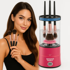 Wonder Family 3-in-1 makeup-brush cleaner-dryer front view shows compact vanity-ready unit.