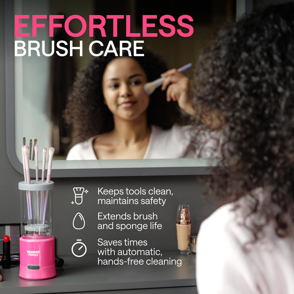 Wonder Family 3-in-1 unit on vanity demonstrates easy daily brush cleaning.