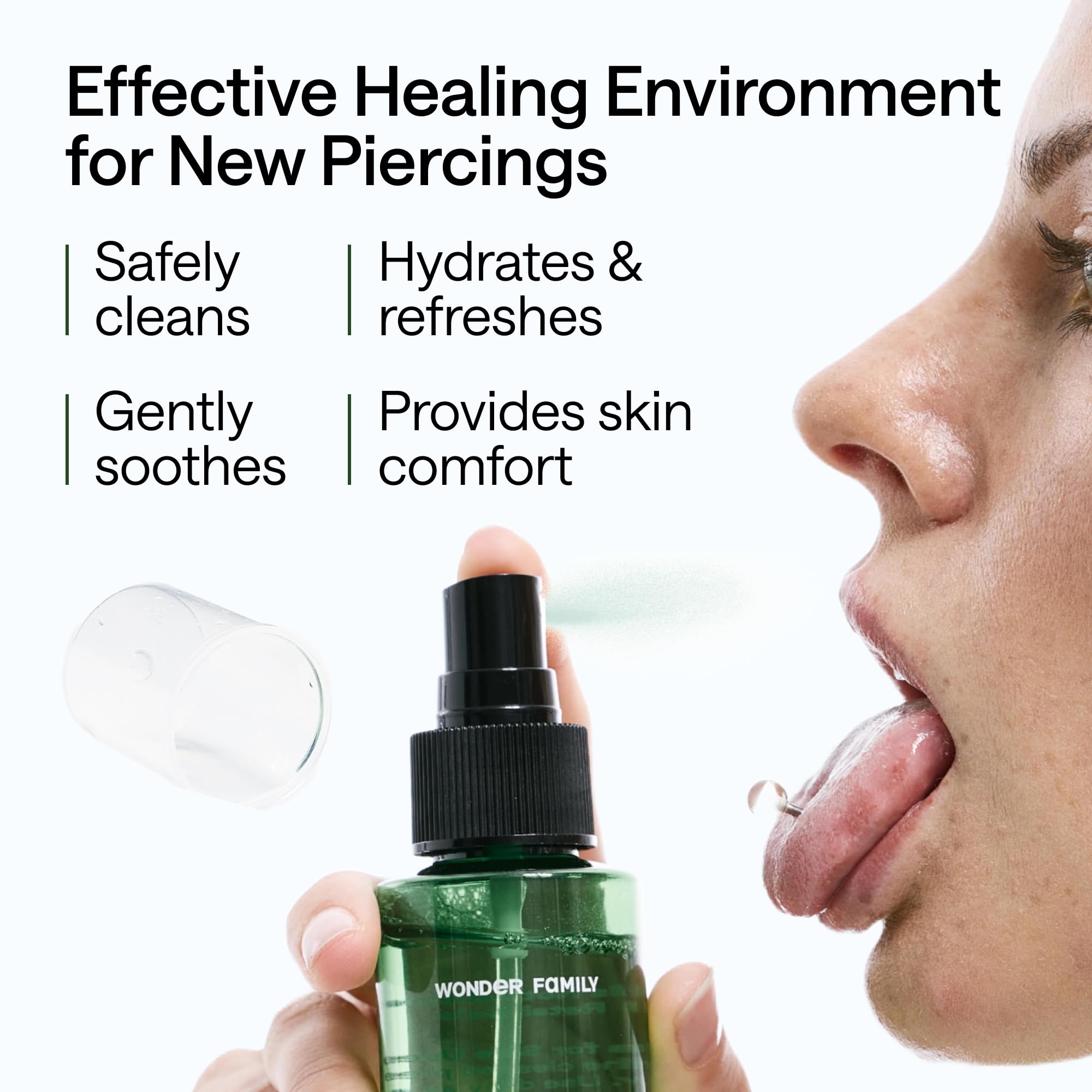 WONDER FAMILY aftercare spray shown for nose piercing use, versatile for oral and body piercings.