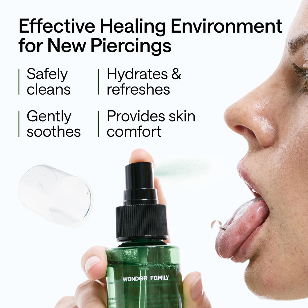 WONDER FAMILY aftercare spray shown for nose piercing use, versatile for oral and body piercings.