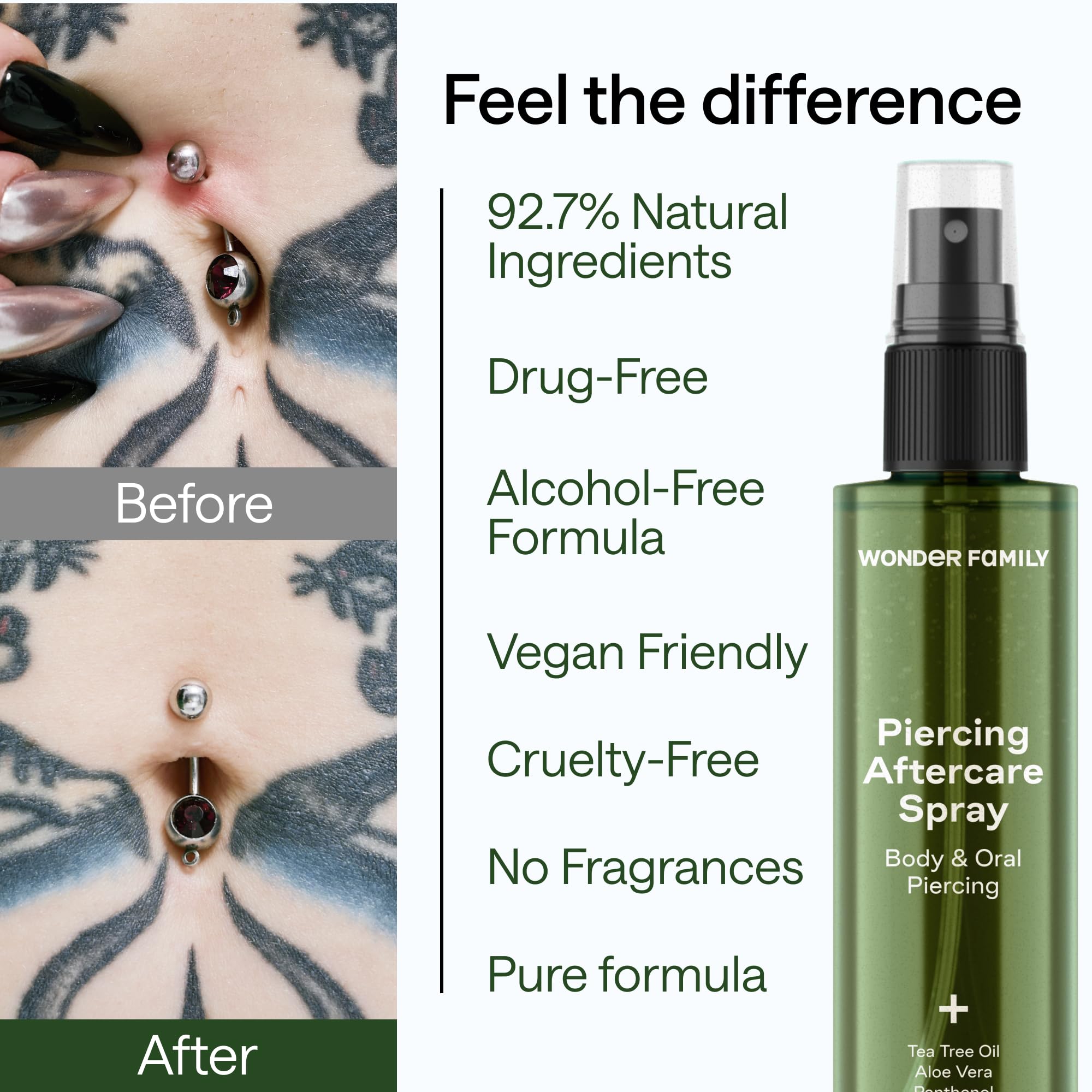 WONDER FAMILY alcohol-free piercing spray is vegan and travel-friendly for on-the-go care.