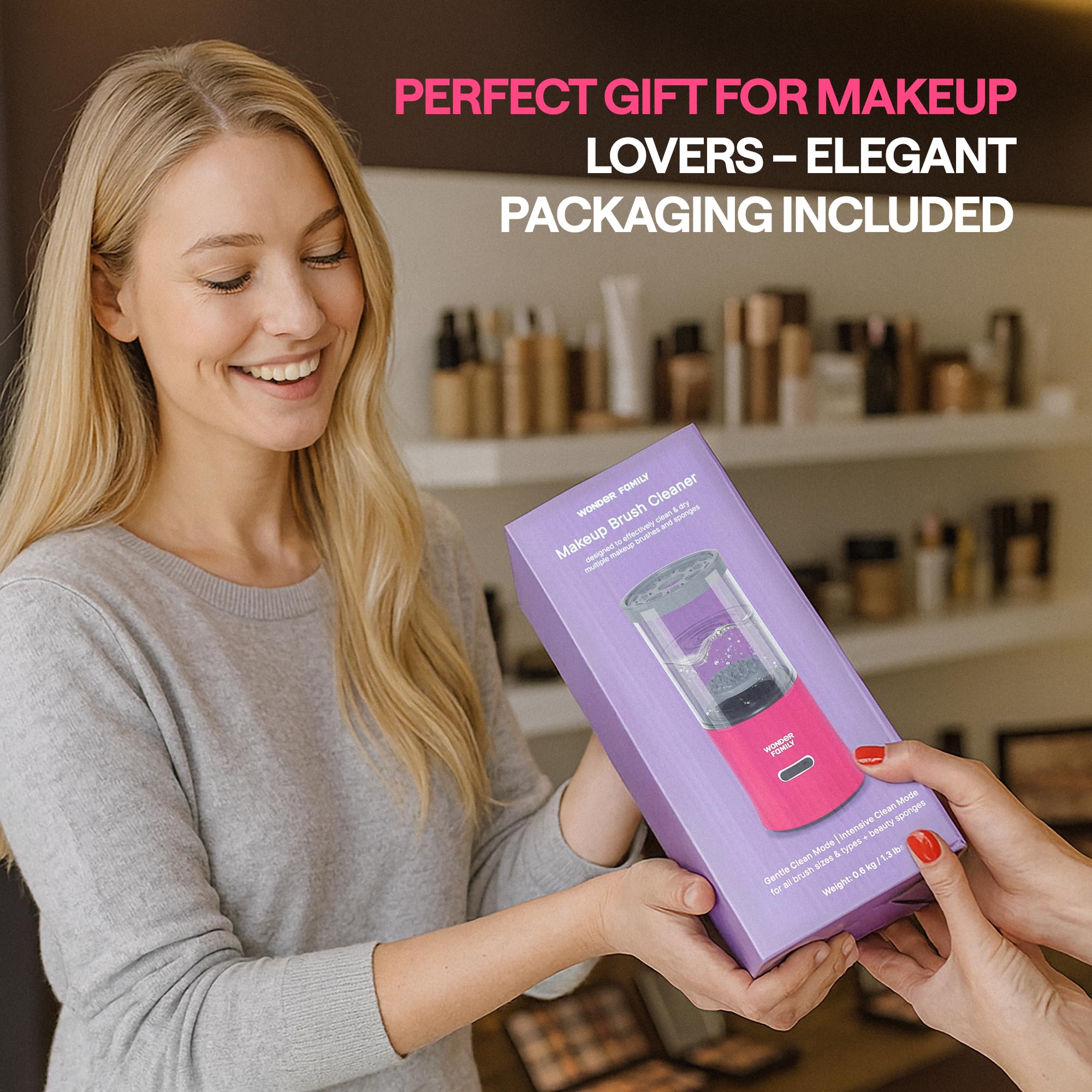 Wonder Family gift-ready packaging with compact vanity stand.