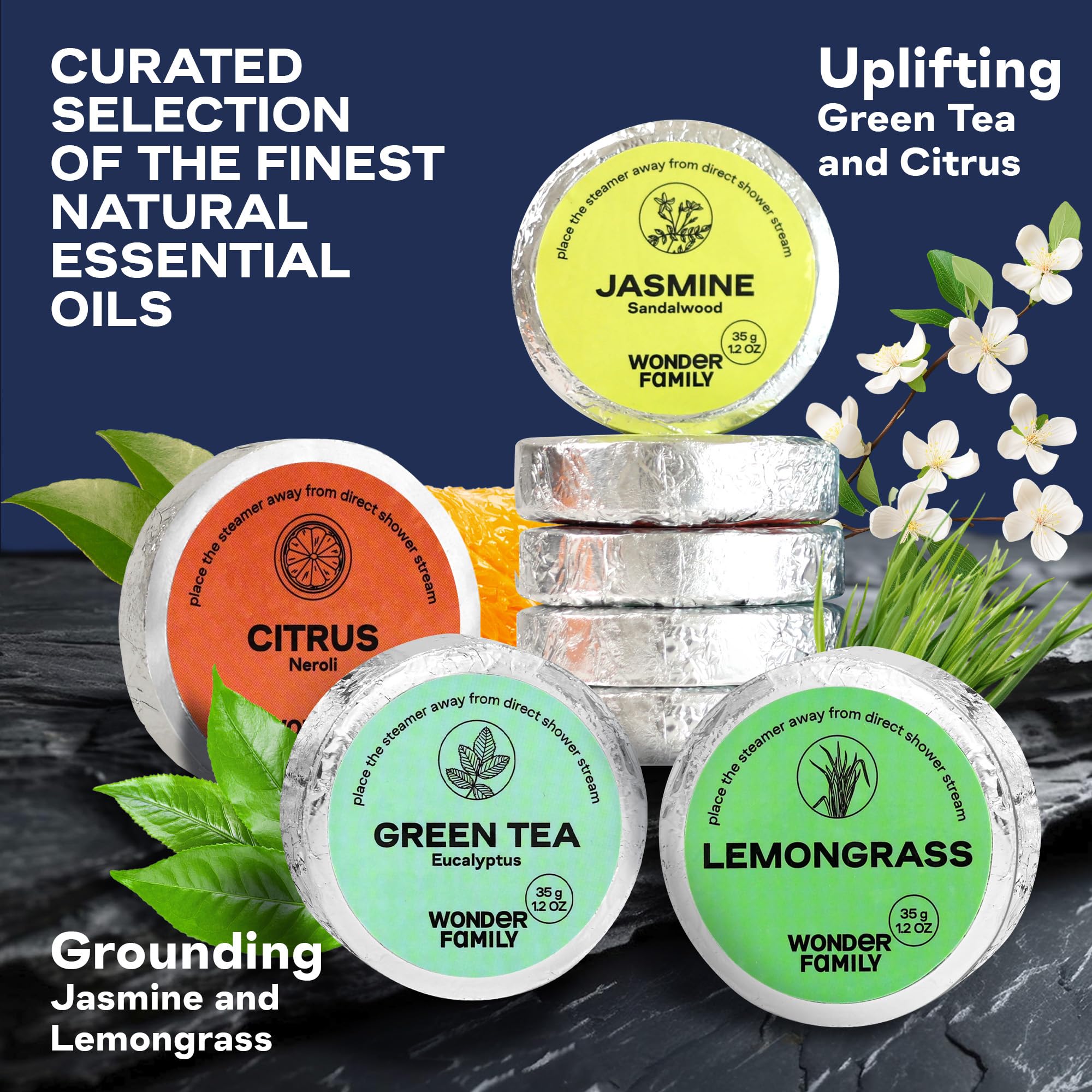 Wonder Family jasmine steamers pack for mood-boosting shower aromatherapy.