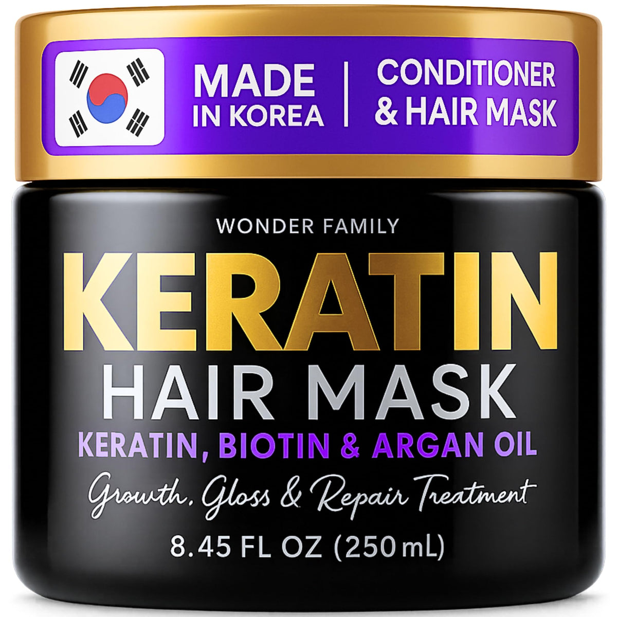 Wonder Family Keratin Mask bottle shows at-home salon repair for damaged hair.