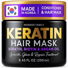 Wonder Family Keratin Mask bottle shows at-home salon repair for damaged hair.