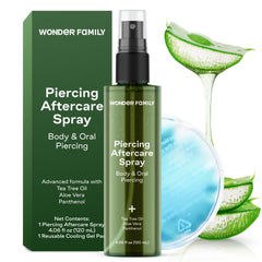 WONDER FAMILY piercing aftercare spray bottle with cooling pads for soothing cleansing.