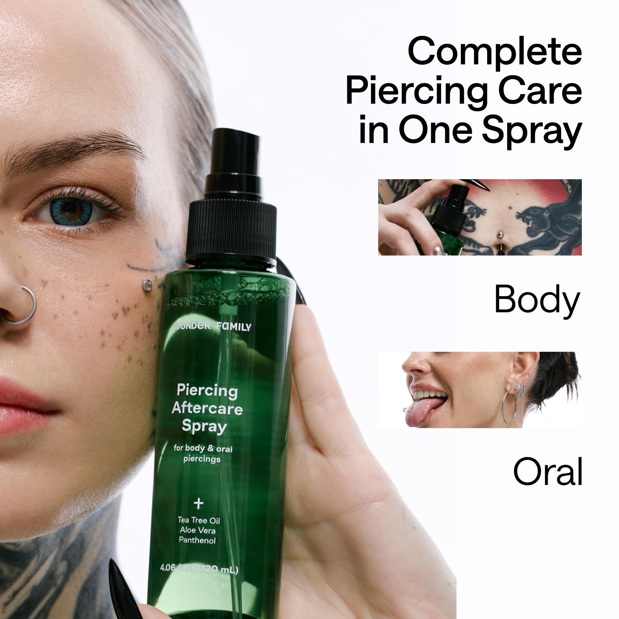 WONDER FAMILY saline piercing solution with panthenol for gentle cleansing and soothing care.