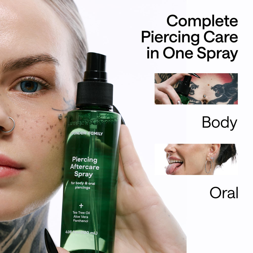 WONDER FAMILY saline piercing solution with panthenol for gentle cleansing and soothing care.