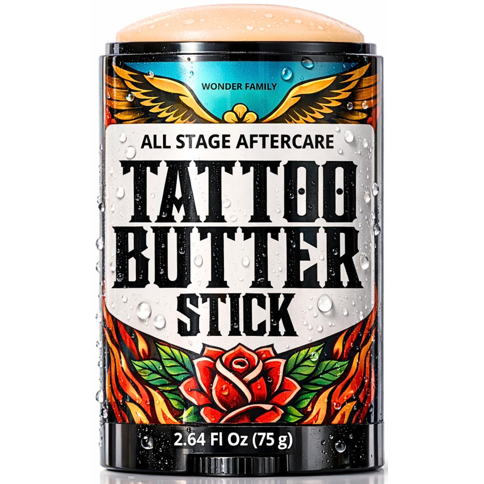 WONDER FAMILY Tattoo Balm Stick packaging for travel-ready tattoo care.