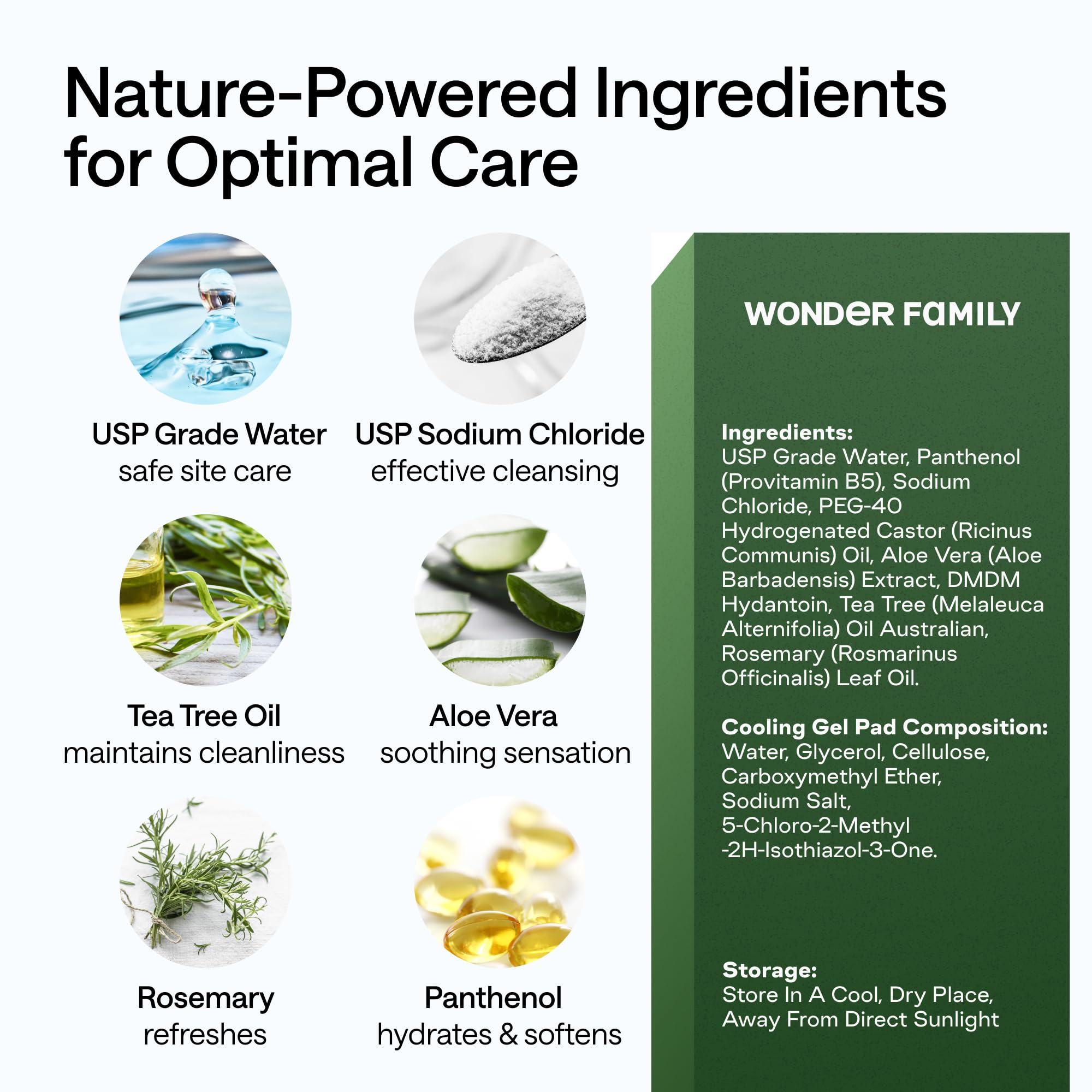 WONDER FAMILY tea tree oil piercing cleaner highlights refreshing, alcohol-free care for piercing sites.