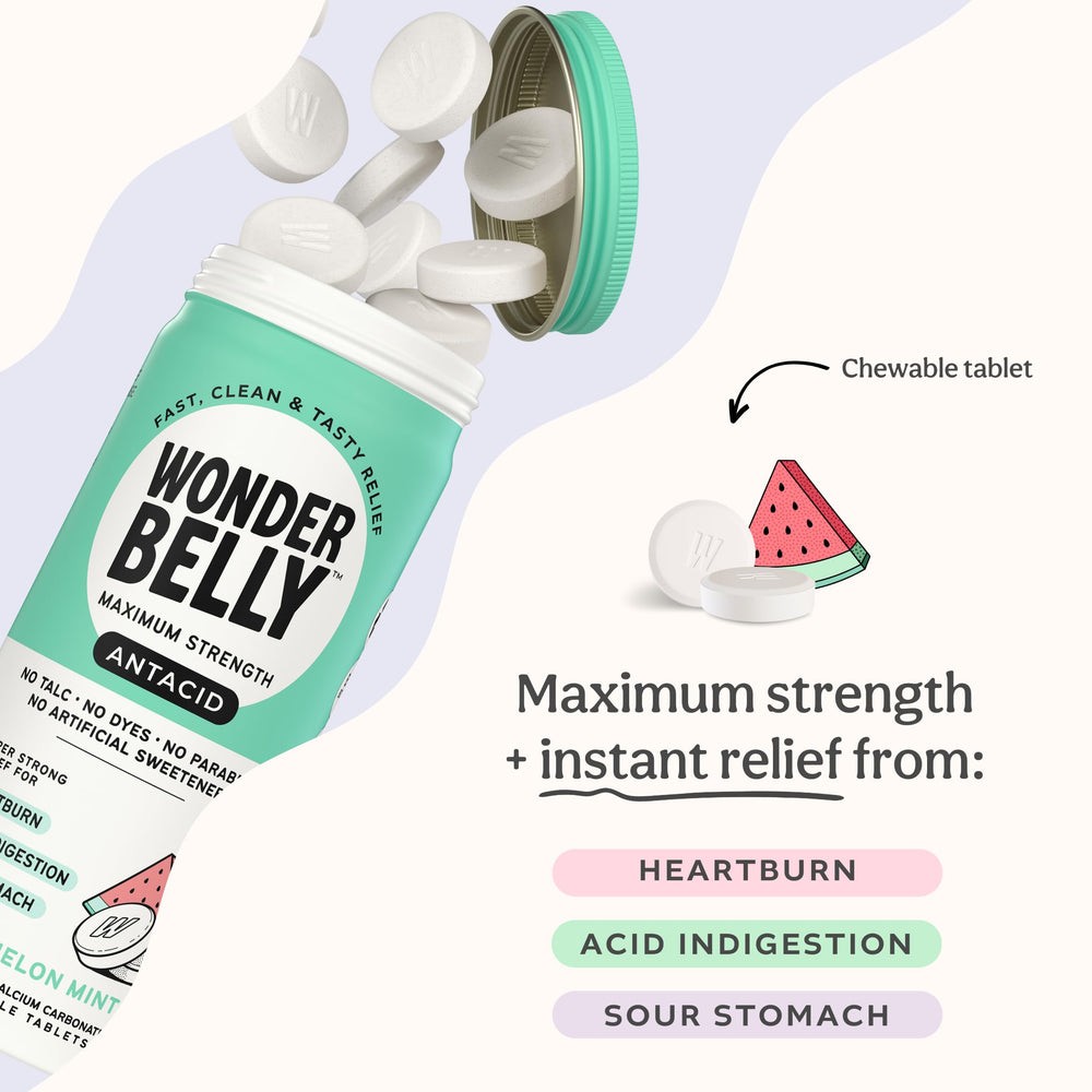 Wonderbelly antacid chew tablets 60-count offer instant relief with a pleasant watermelon mint flavor.