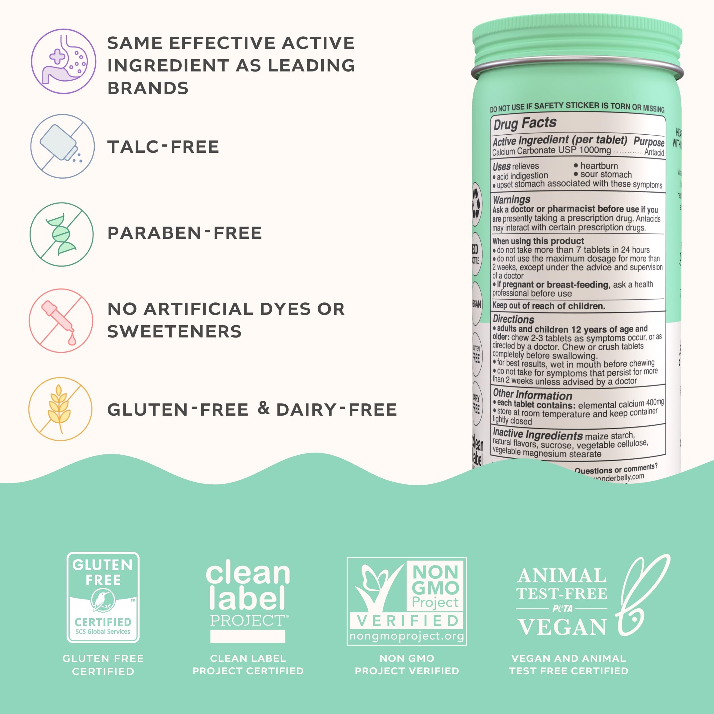 Wonderbelly antacid ingredients label shows non-GMO vegan formula.