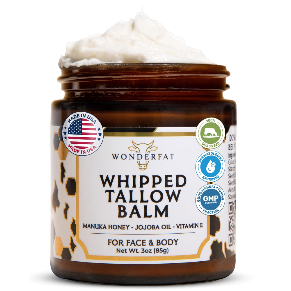 Wonderfat packaging for grass-fed whipped tallow balm emphasizes unscented, clean formula.