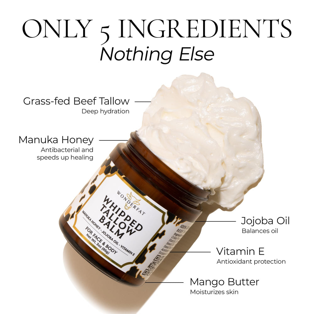 Wonderfat whipped tallow balm on skin demonstrates fast absorption and satin finish.