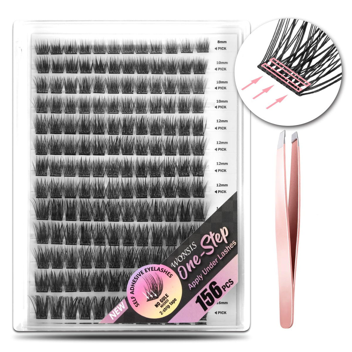WONSIS self-adhesive eyelash box with 156 clusters for versatile looks